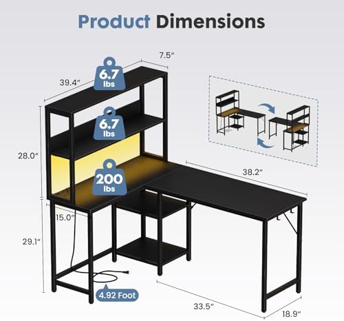 DUMOS 53” L Shaped Gaming Desk with LED Light & USB Power Outlet, Black - Image 2