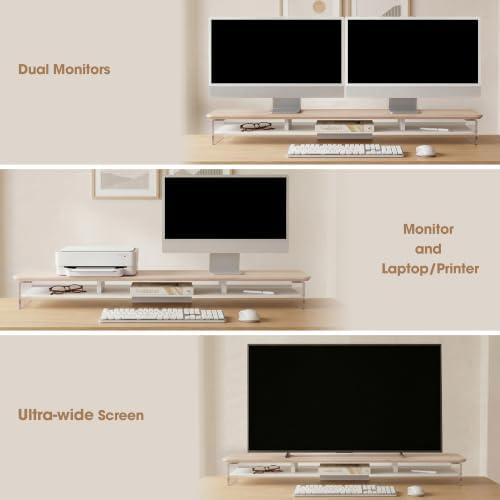 Fenge 42.5" Dual Monitor Stand with Clear Acrylic Legs, Oak - Image 4