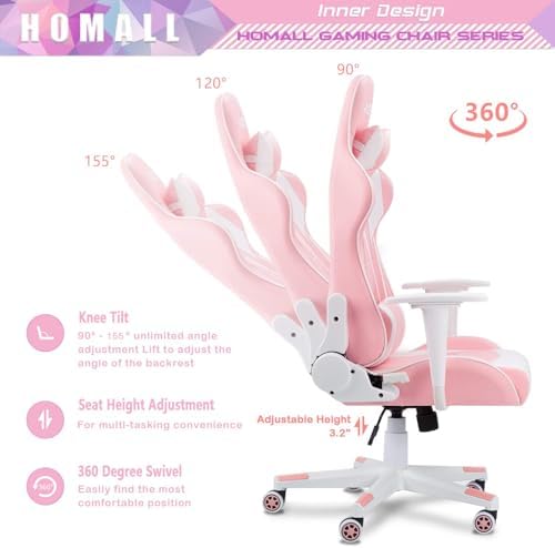 Homall Gaming Chair, Office Chair High Back Computer Chair Leather Desk Chair Racing Executive Ergonomic Adjustable Swivel Task Chair with Headrest and Lumbar Support(Pink) - Image 7