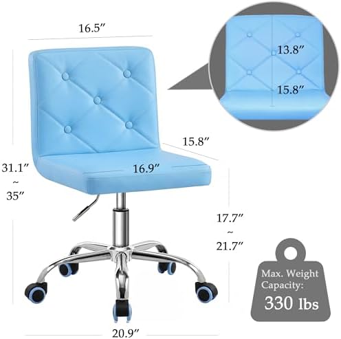 VECELO PU Leather Mid-Back Armless Vanity Chair Adjustable Height 360° Rolling Swivel for Home Office Work - Image 3
