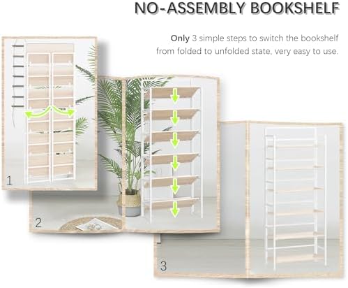 4NM No Assembly 6 Tier Folding Bookshelf Tall Storage Shelves Vintage Bookcase Standing Racks Study Organizer Home Office - Image 6