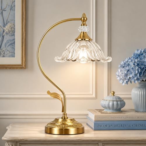 Vintage Floral Table Lamp, Plug in Mid-Century Modern Desk Lamp with Transparent Glass Shade, Gold Bedside Table Lamp Dimmable for Bedroom Living Room Home Office, E26 Base, UL Listed by EIDEARAYHomeLighting