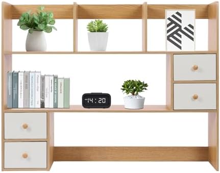 Desktop Bookshelf, Adjustable Desk Hutch Organizer with 8 Shelves & 4 Drawers, Extendable Desk Storage Organizer, Desktop Shelves Rack Top Bookcase for Home Office by Unknown