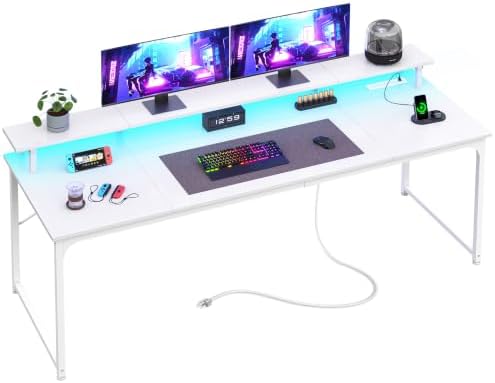 PRAISUN 63 inch Gaming Desk, LED & Power Outlets, Monitor Stand, White by PRAISUN
