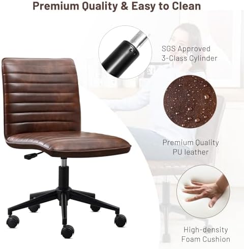 Furniliving Leather Home Office Chair, Armless Vanity Desk Task Chair with Wheels 360° Swivel Computer Rolling Desk Chair with Back, Adjustable Accent Chair with Base Stool - Image 6