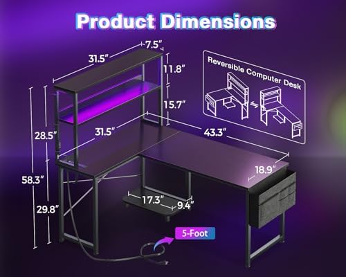 AODK L Shaped Desk Gaming Desk with LED Light & Power Outlet - Image 3