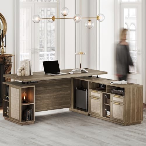70 Inch Executive Standing Desk with File Cabinet, L Shaped Electric Height Adjustable Desk with AC/USB and Privacy Panel, Computer Corner Table for Home Office, Natural Oak by Perledesign%E2%80%93WorkinStyle