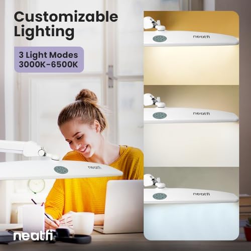 Neatfi Elite HD XL Task Lamp | 22-Inch Wide | 2,260 Lumens | 3 Color Temperature Modes | Non-Polar Dimming Desk Lamp (White-2, CCT with Clamp) - Image 4