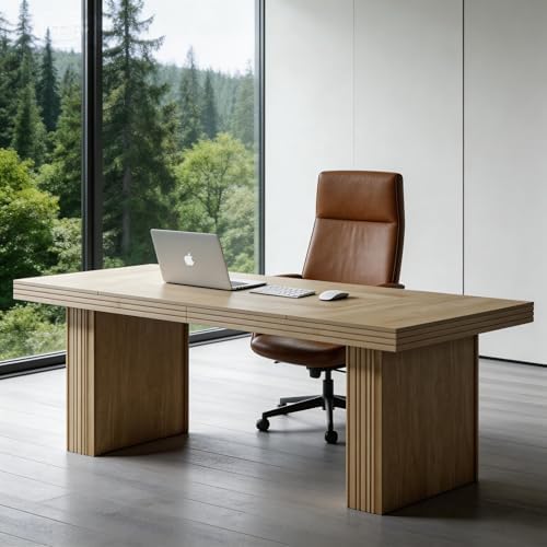 Tribesigns Modern Office Desk, Home Office Table with Wide Fluted Legs, Modern Desk for Home Office, Natural - Image 5