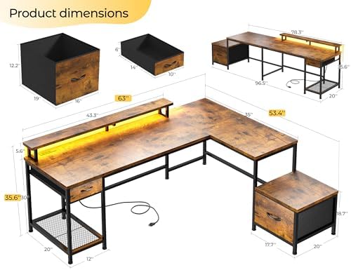DurayLoly 63" L Shaped Desk with 2 Drawers and Printer Stand,Bedroom,Brown - Image 3