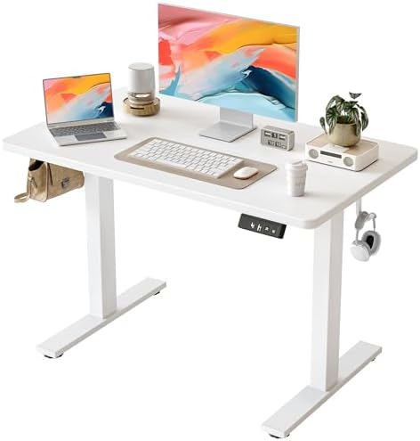TIQLAB Height Adjustable Electric Standing Desk, 40 x 24 inch, Sit Stand Up Desk, Splice Board, Computer Home Office Desk, White Top by TIQLAB