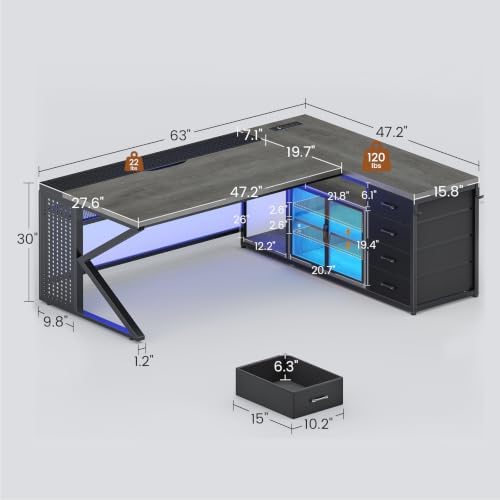 SEDETA 63"x27.6" L Shaped Gaming Desk with 4 Drawers Storage, Grey - Image 2