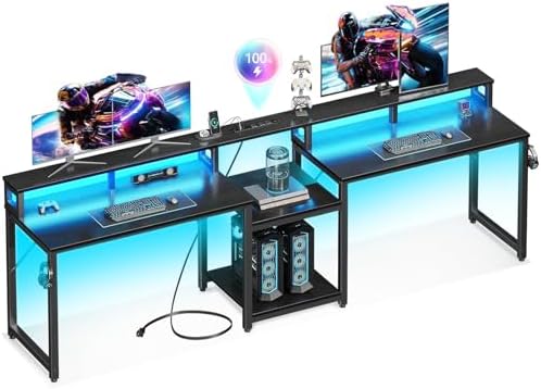 Casaottima 98'' 2 Person Gaming Desk with LED Lights, Black by Casaottima