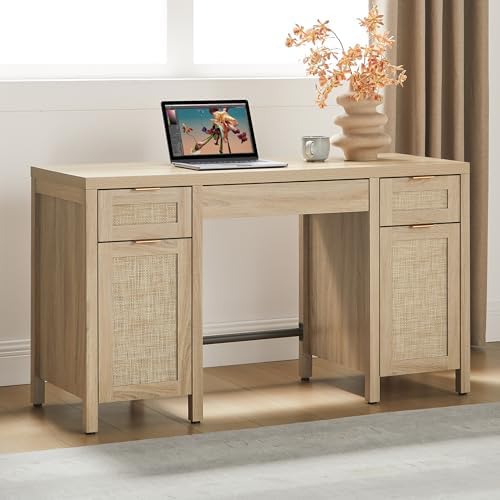 SICOTAS Rattan Home Office Desk with Storage, 52" Boho Executive Desk by SICOTAS