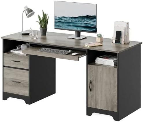 Bestier 59" Executive Desk, File Drawer, Keyboard Tray & 2 Drawers, Gray by Bestier