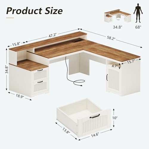 Farmhouse L Shaped Desk with Drawers & Printer Shelf for Home Office - Image 2