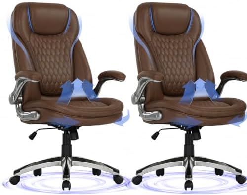 COLAMY High Back Executive Office Chairs Set of 2, Ergonomic PU Leather Desk Chairs with Flip-Up Armrests, Adjustable Height, Lumbar Support, Comfortable Computer Chairs for Home Office, Brown by COLAMYHOME