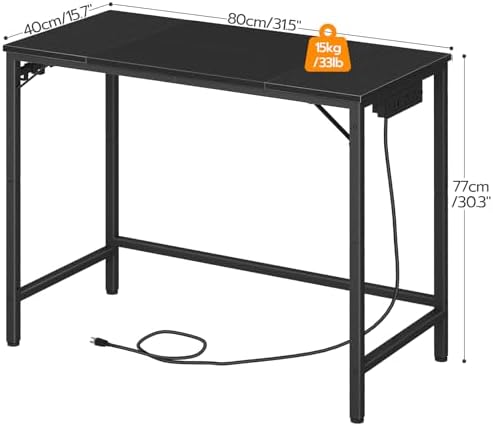 HOOBRO Computer Desk, 31.5 Inch Small Desk with Power Outlet, Writing Table with USB Charging Ports and 3 Hooks for Home Office, Study Room, Bedroom, Easy to Assemble, Black BB40UDN01 - Image 3