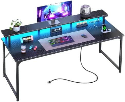 PRAISUN 55 inch Gaming Desk, LED & Power Outlets, Monitor Stand, Black by PRAISUN