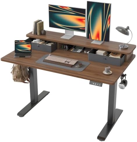 TIQLAB 48 * 24 inch Standing Desk with Two Drawers&Top Shelf, Black Walnut by TIQLAB