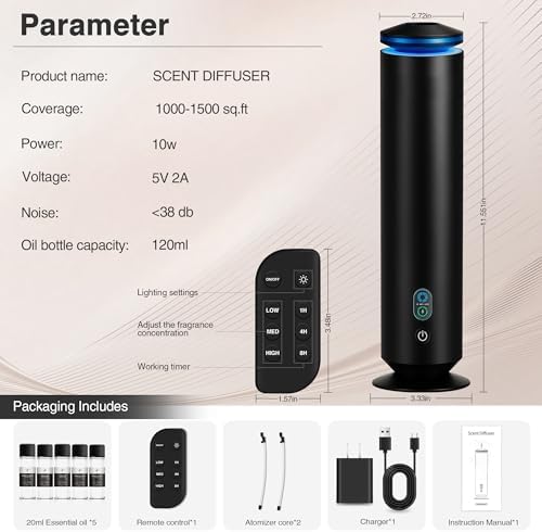 Waterless Scent Diffuser Starter Kit - 1500 Sq Ft Coverage, Scent Diffuser for Home, Hotel, Studio, Essential Oil Diffuser Large Room, 7 Mood Lights Setting, 5 Essential Oils Included, Black, 11.50In - Image 7