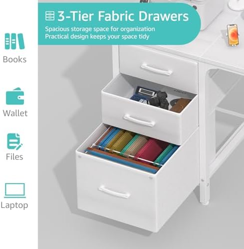 Lufeiya White Desk with File Drawers Cabinet, 47 Inch Reversible Computer Desk with Fabric Filing Cabinet for Bedroom Small Space Home Office, Modern Writing Table PC Desks, White - Image 6