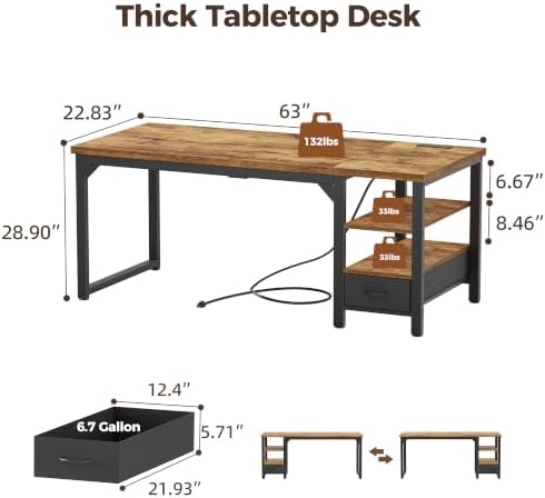 Mericonia 63" Computer Desk with Drawer, 1.2" Thick Reversible Office Desk - Image 3