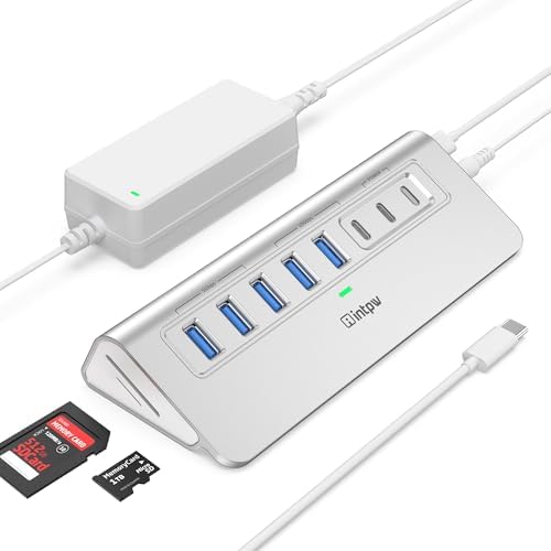 Powered USB Hub 10Gbps, intpw YH6AC Plus 10-Port USB 3.2 Hub (USB A/USB C 3.2+3 USB-A 3.0+2 PD 45W Fast Charging Ports+SD/TF Card Reader), 65W Power Adapter,Aluminum USB HUB for PC,Laptop,iPhone 17/16 by intpw