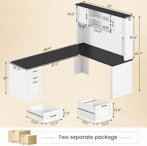SEDETA Farmhouse L Shaped Desk with Hutch and 3 Drawers, 68.9" Executive Office Desk with File Drawer and Power Outlet, Corner Computer Desk with Storage Shelves for Home Office, White - Image 2