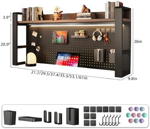 Desk Shelf Organizer for Top of Desk – Desktop Bookshelf with Pegboard & Storage Accessories, Adjustable Hutch for Dorm or Office, Steel Frame Display S White frame + natural wood board 37.4*9.8*26in - Image 2