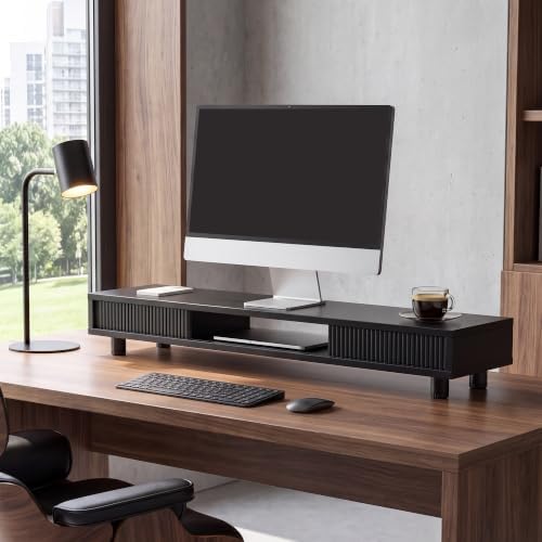 Fenge Dual Monitor Stand with Storage, Desk Shelf with Glass Sliding Door - Image 2