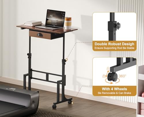 Adjustable Height Standing Desk With Drawer, Rolling Sit Stand Up Desk With Wheels, Small Sit To Stand Computer Desk, Adjustable Desktop Height, On Wheels, Brown, For Walking Pad Laptop Treadmill - Image 5