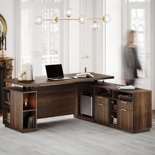 L Shaped Executive Standing Desk with File Cabinet, Electric Height Adjustable Desk with AC/USB and Privacy Panel for Home and Office, Black Walnut by Perledesign%E2%80%93WorkinStyle