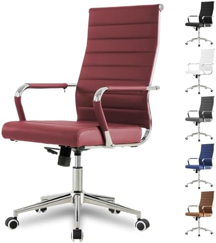 Red Office Desk Chair, Ergonomic Leather Modern Conference Room Chairs, Executive Ribbed Height Adjustable Swivel Rolling Chair for Home Office. (Red) by Okeysen