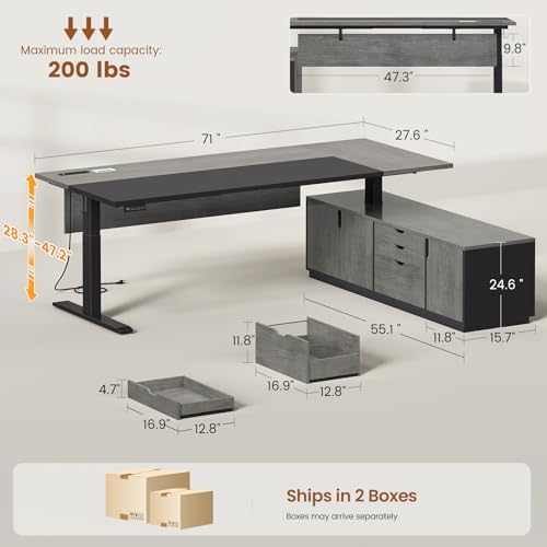 SEDETA 71" Executive Large L Shaped Electric Standing Desk, Grey - Image 2