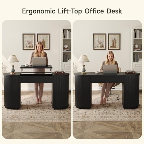 ONBRILL 59 Inches Office Desk with Lift Top, Fluted Executive Desk Black - Image 3