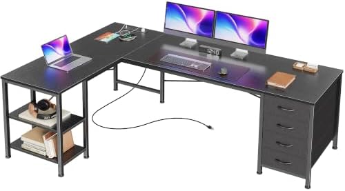 Huuger 55 Inch L Shaped Desk with Fabric Drawers, Reversible Computer Gaming Desk with Power Outlets and USB-C Port, Adjustable Side Storage Shelves, for Work Study Corner Home Office, Black by Huuger