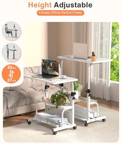 QZMDSM Portable Desk with Wheels Small Standing Desk on Wheels Adjustable Height Rolling Desks for Small Spaces, 32" Computer Desks with Storage Shelves for Home Office Study White - Image 5