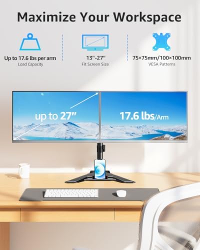 MOUNTUP Dual Monitor Stand - Freestanding & Height Adjustable Monitor Desk Mount, Steady VESA Mount Holds Max 17.6 lbs, Computer Monitor Stand for 2 Screens up to 27 inches, For Home Office - Image 2
