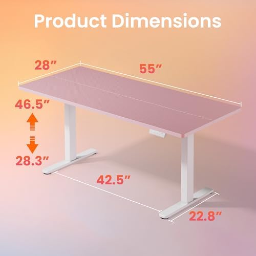 HUANUO 55x28 Inch Electric Standing Desk, Height Adjustable, Pink - Image 3