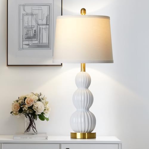 28" White Ceramic Table Lamp for Nightstand, Modern Bedside Table Lamp for Bedroom, Triple Gourd Lamp for Living Room End Table (1 Pack) by Luxeflow