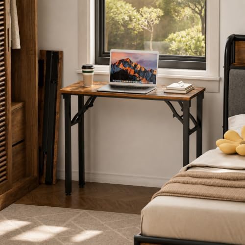 Folding Table Computer Desk - 35.8" No Assembly Folding Desk Design and Foldable Office Desk, Small Desk for Bedroom, Compact Storage Portable Use for Dorm and RV Small Space, Rustic Brown - Image 2