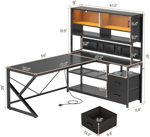 SEDETA L Shaped Gaming Desk with Storage Shelves, 2 Drawer, LED Light - Image 2