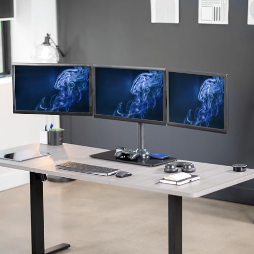 VIVO Black Triple Monitor Mount Freestanding Desk Stand with Glass Base, Heavy Duty Fully Adjustable Stand for 3 Screens up to 24 inches STAND-V003FG - Image 2