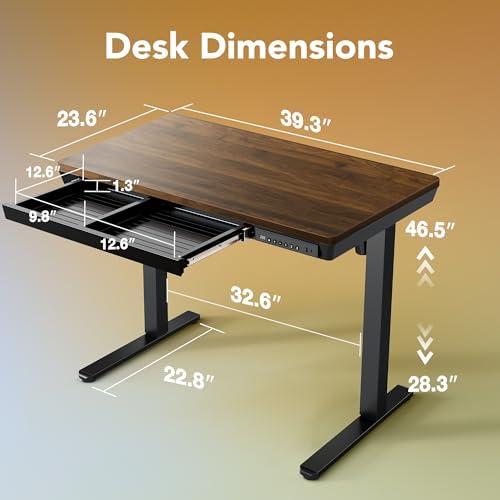 HUANUO Electric Standing Desk with Drawers, 40 X 24 Inch Electric Adjustable Height Desk, Quick Install One-Piece Tabletop with USB Charging Ports, Sit to Stand Up Desk for Home Office, Black Walnut - Image 2