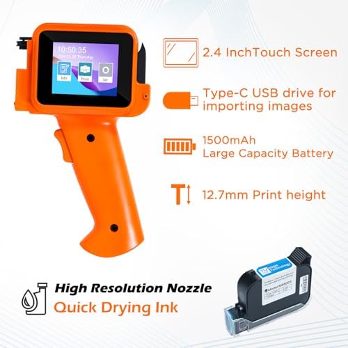 Handheld Inkjet Printer with 42ml Quick-Drying Ink Cartridge, 0.5 Inch Nozzle Ink Jet Coding Machine for EXP Date/Batch Number/QR Code/Barcode/Logo/Text (ZM-C12mini) (Orange) - Image 4