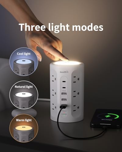 Power Strip with Night Light, Extension Cord with Multiple Outlets (12AC+3A+2C), 10 FT Desk Power Strip Tower Charging Station for Home, Office, College Dorm Essentials - Image 3