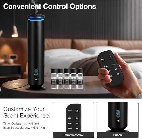 Waterless Scent Diffuser Starter Kit - 1500 Sq Ft Coverage, Scent Diffuser for Home, Hotel, Studio, Essential Oil Diffuser Large Room, 7 Mood Lights Setting, 5 Essential Oils Included, Black, 11.50In - Image 4