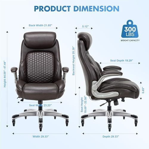 COLAMY Office Ergonomic Desk High Back Executive Chair with Pop-Out Lumbar Support, Upgraded Casters, Adjustable Headrest, Flip-Up Arms, Leather Home with Thick Cushion for Comfort - Brown - Image 3
