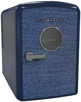 Frigidaire Mini Personal Fridge Cooler, 1 Gal Capacity fits 9 Cans, Includes Plugs for Home Outlet & DC Charger - 9.84" D x 7.09" W x 10.35" H, Indigo Denim Fabric Door - Image 2